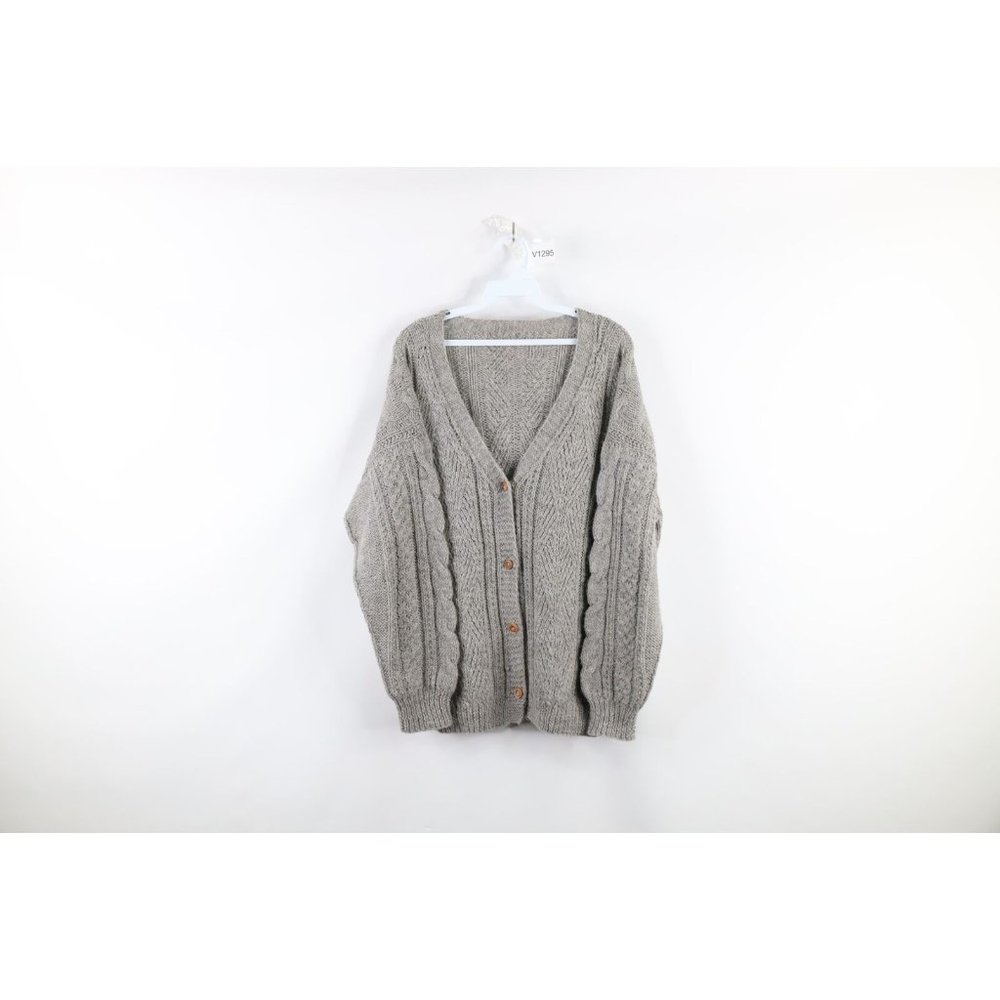 Vintage 60s Grunge Womens XL Chunky Cable Knit Kurt Cobain Cardigan Sweater Gray